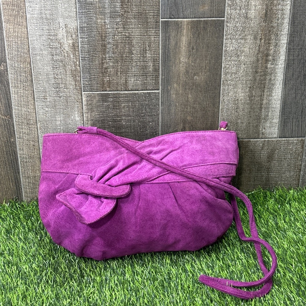 Vintage 1980s Purple Suede Leather Crossbody Bag Retro Slouchy Knot Accent